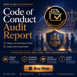 May include: A digital Code of Conduct Audit Report template featuring gold and navy blue branding. The graphic includes icons for behavior review, compliance assessment, training effectiveness, and incident review, with the text Buy Now.