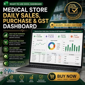 Può includere: Un laptop mostra un dashboard di un negozio medico con dati di vendita, acquisto e GST. Lo schermo mostra grafici e riepiloghi finanziari. Il testo include "Panoramica delle vendite giornaliere". Sono visibili anche flaconi di medicinali.