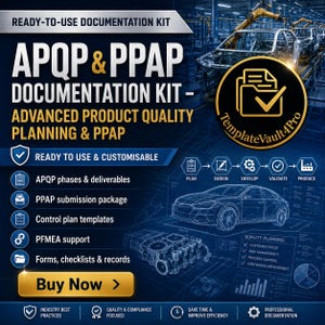 May include: A digital documentation kit for APQP and PPAP featuring a dark blue background with technical car schematics, a gold circular logo with a folder icon, and text listing phases like plan, design, develop, validate, and produce.