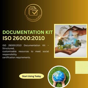 以下が含まれることがあります： ISO 26000:2010 ドキュメントキットの広告。画像にはテキスト、ロゴ、風景と地球儀を持つ手のイラストが含まれています。テキストには「DOCUMENTATION KIT ISO 26000:2010」と書かれています。