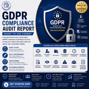 May include: A digital GDPR Compliance Audit Report template featuring a blue and white color scheme, a central shield icon with a padlock, and text detailing compliance areas like data security, subject rights, and international data transfers.