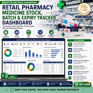 Puede incluir: Una pantalla de portátil muestra un panel de control de farmacia para el seguimiento del stock de medicamentos, lotes y fechas de caducidad. El panel incluye una descripción general del stock, alertas de caducidad y funciones de seguimiento de ventas. La imagen también muestra una farmacia y un botón "Comprar ahora".