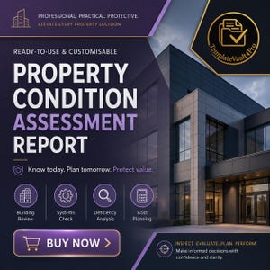 May include: A promotional image for a property condition assessment report. The image features a modern building and text that reads "Property Condition Assessment Report." Additional text includes "Ready-to-use & customisable" and "Buy Now >."