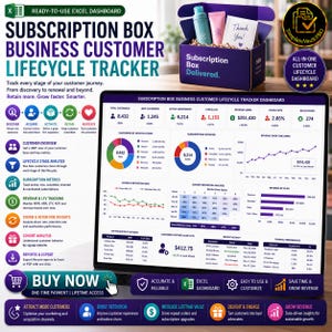 May include: A digital dashboard for subscription box businesses, tracking customer lifecycle metrics. The screen displays charts and data visualizations, including revenue, churn rate, and customer overview. A purple box with the words "Subscription Box Delivered" is in the top right.