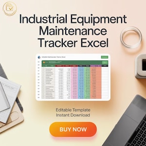 Puede incluir: Imagen que promociona una plantilla de Excel para el seguimiento del mantenimiento de equipos industriales. El texto dice "Industrial Equipment Maintenance Tracker Excel". La plantilla se muestra con filas de datos coloridas. Se ve un botón "Comprar ahora".