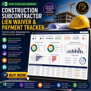 May include: A digital construction subcontractor lien waiver and payment tracker Excel dashboard displayed on a laptop screen. The interface features charts, project data tables, and financial summaries. Text includes "Construction Subcontractor Lien Waiver & Payment Tracker" and "TemplateVault.PRO".
