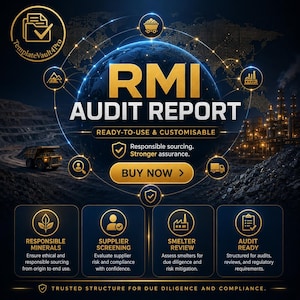 May include: A digital graphic promoting an RMI Audit Report. The image features a globe, a mining truck, and industrial buildings. Text includes "Ready-to-Use & Customisable", "Responsible sourcing. Stronger assurance.", and "Buy Now >".