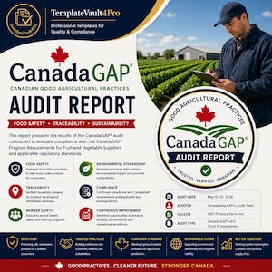 May include: A CanadaGAP Audit Report with the CanadaGAP logo, a red maple leaf, and the words "Good Agricultural Practices." The report details food safety, traceability, and sustainability for fruit and vegetable suppliers.