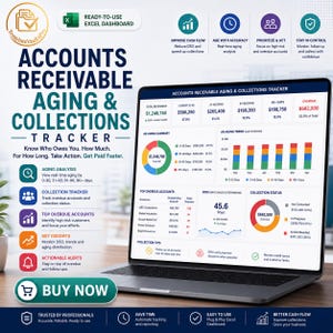 Peut inclure: Un ordinateur portable affiche un tableau de bord de suivi du vieillissement et des recouvrements des comptes clients. L'écran présente des données financières, des graphiques et des diagrammes, y compris les comptes en souffrance et l'analyse du vieillissement.