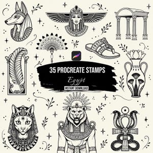Può includere: Una collezione di illustrazioni digitali in bianco e nero con motivi egizi tra cui Anubi, una divinità alata, un tempio, una piuma, un ventaglio, un sandalo, un vaso, una divinità felina, una figura leonina e un ankh con serpenti. Testo: 35 PROCREATE STAMPS Egypt INSTANT DOWNLOAD.