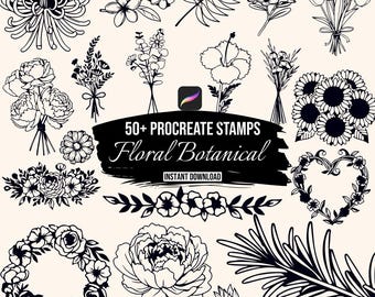 Floral Botanical Procreate Stamps, Flower Brushes iPad, Peony Rose Wildflower Stamps, Botanical Illustration Brushes, Instant Download