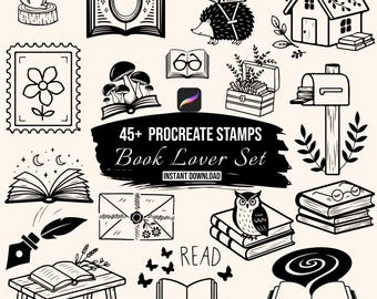 Book Lover Procreate Stamps | 45+ Reading Procreate Brushes | Bookish Doodle Stamps | Library Stamps | Procreate Brush Set Download