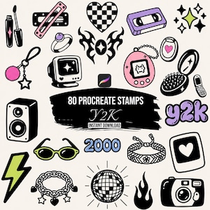 May include: A collection of digital illustrations featuring Y2K-themed icons including a checkerboard heart, cassette tape, virtual pet, disco ball, camera, sunglasses, jewelry, and electronics, with text reading 80 PROCREATE STAMPS Y2K INSTANT DOWNLOAD.