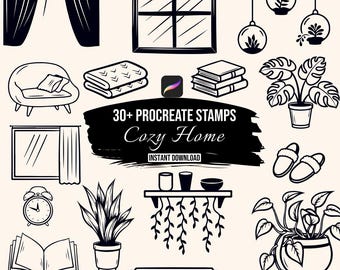 Cozy Home Procreate Stamps, 30+ Interior Line Art Brush Set, Digital Stamp Brushes, House Plant Stamps, Room Decor Clipart, Instant Download