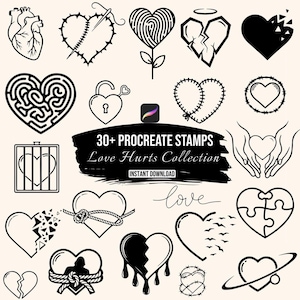 May include: A digital collection of 30+ Procreate stamps titled Love Hurts Collection, featuring various black and white heart-themed illustrations including anatomical hearts, hearts with barbed wire, puzzle hearts, and broken hearts.