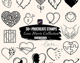 Love Hurts Procreate Stamps | 30+ Heart Doodle Stamps | Valentine Procreate Brushes | Dark Heart Shapes | Procreate Brush Set Download