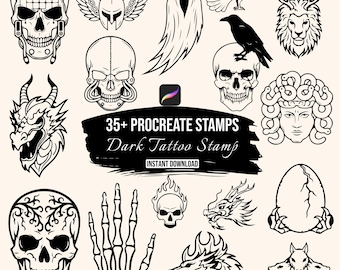 Dark Tattoo Procreate Stamps | 35+ Skull Procreate Brushes | Gothic Procreate Stamps | Dragon Skull Stamps | Procreate Brush Set Download