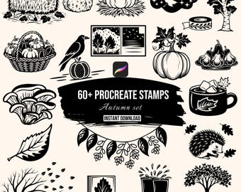 Autumn Procreate Stamp Brushes | 60+ Fall Harvest Leaf Tree Cozy Mushroom Hedgehog Digital Stamps for iPad