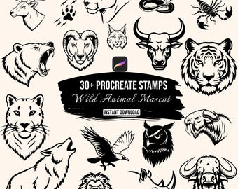 Wild Animal Procreate Stamps | 30+ Mascot Procreate Brushes | Wolf Tiger Lion Stamps | Animal Head Procreate | Procreate Brush Set Download