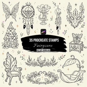 May include: A collection of black line art digital stamps featuring fairy-themed illustrations including wings, a dreamcatcher, a castle, a music box, a chair, and foliage. The central text reads 35 PROCREATE STAMPS Fairycore INSTANT DOWNLOAD.