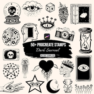 May include: A collection of black and white digital illustrations featuring surreal motifs including a skull in a crystal ball, an eye, a brain with flowers, a camera, an hourglass with butterflies, a heart with wings, and text reading 50+ PROCREATE STAMPS.
