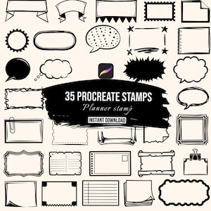 May include: A collection of 35 black and white digital stamps featuring various frames, speech bubbles, and note shapes. The central text reads 35 PROCREATE STAMPS, Planner stamp, and INSTANT DOWNLOAD, accompanied by a small colorful brush icon.
