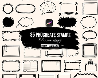 Planner Procreate Stamp Brushes | 35 Journal Banner Speech Bubble Note Digital Stamps for iPad