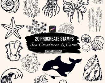 Sea Procreate Stamps, 20 Ocean Line Art Brush Set, Jellyfish Octopus Coral Stamp Brushes, Underwater Digital Stamps, Nautical Procreate