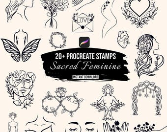 Sacred Feminine Procreate Stamps, 20+ Mystical Woman Line Art Brush Set, Floral Female Silhouette, Boho Digital Stamps, Instant Download