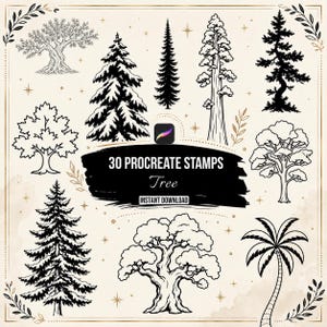 May include: A digital collection of 30 black and white tree illustrations for Procreate, featuring various species like pines, oaks, and a palm tree. The central black banner displays the text 30 PROCREATE STAMPS Tree INSTANT DOWNLOAD.