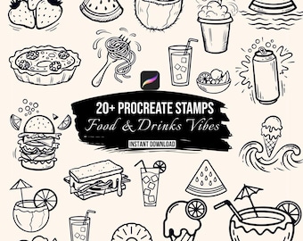 Food and Drinks Procreate Stamps, 20+ Summer Food Line Art Brush Set, Fruit Stamp, Cafe Doodle Procreate, Kitchen Digital Stamps