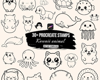 Kawaii Animal Procreate Stamps | 30+ Cute Animal Procreate Brushes | Kawaii Doodle Stamps | Cute Pet Stamps | Procreate Brush Set Download