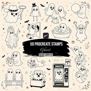 May include: A collection of 50 black and white digital ghost stamps for Procreate featuring various characters in different activities like bathing, eating snacks, reading, and wearing hats, with the text 50 PROCREATE STAMPS Ghost INSTANT DOWNLOAD.