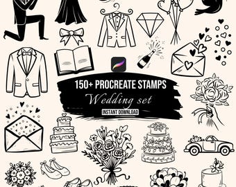 Wedding Procreate Stamps, Wedding Stamp Brush Set, Bridal Planner Stamps, Wedding Clipart Brushes, Engagement Digital Stamps