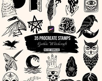 Gothic Witchcraft Procreate Stamp Set | 35 Dark Tattoo Flash Occult Raven Skull Brushes