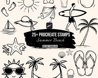 Summer Procreate Stamps | 25+ Beach Procreate Brushes | Tropical Procreate Stamps | Ocean Doodle Stamps | Beach Procreate | Line Art