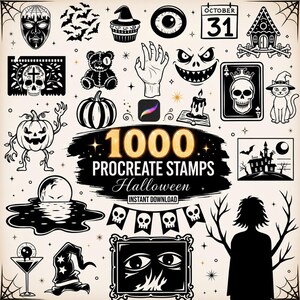 May include: A collection of black and white Halloween-themed digital illustrations featuring skulls, pumpkins, bats, a haunted house, a calendar marked October 31, and a witch hat. The central text reads 1000 PROCREATE STAMPS Halloween.