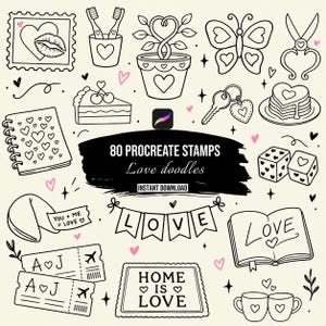 May include: A collection of black and white line art digital stamps featuring hearts, a butterfly, scissors, a notebook, dice, a fortune cookie, airplane tickets, and a banner with the text LOVE. The center text reads 80 PROCREATE STAMPS Love doodles INSTANT DOWNLOAD.