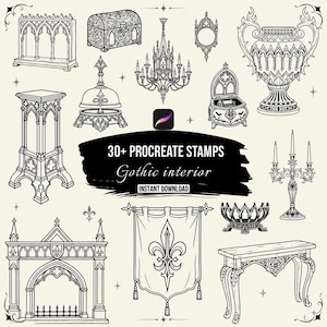 Op de afbeelding: Een digitale collectie van 30+ Procreate-stempels met zwart-witte lijntekeningen van gotische interieurelementen, waaronder een kroonluchter, sierlijke meubels, een open haard, een banier met een fleur-de-lis en decoratieve vazen.