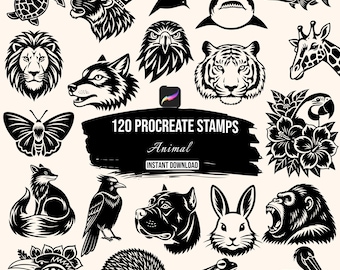 Animal Procreate Stamps | 120 Wild Animal Procreate Brushes | Linocut Animal Stamps | Bold Animal Mascot Stamps | Brush Set Download