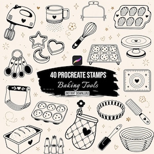Peut inclure: Une collection numérique de 40 tampons Procreate présentant des illustrations au trait noir et blanc de divers ustensiles de pâtisserie, notamment un batteur à main, des cuillères à mesurer, des emporte-pièces, un fouet et un gant de cuisine.