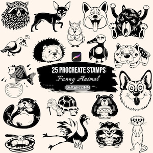 May include: A collection of 25 black and white digital animal illustrations featuring various creatures like a raccoon, dog, hedgehog, and turtle. The central text reads 25 PROCREATE STAMPS Funny Animal INSTANT DOWNLOAD with a Procreate app icon.