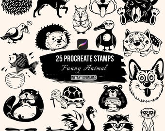 Funny Animal Procreate Stamps | 25 Cute Comic Procreate Brushes | Funny Pet Stamps | Cartoon Animal Stamps | Procreate Brush Set Download