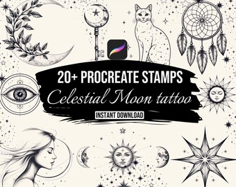 Celestial Moon Procreate Stamps, Tattoo Brushes, Moon Sun Stars Tattoo Flash, Instant Download