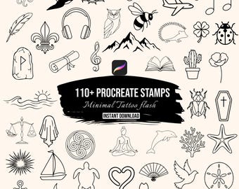 Minimalistyczne stemple tatuażowe Procreate | 114 pędzli z symbolami zwierząt oceanicznych i natury