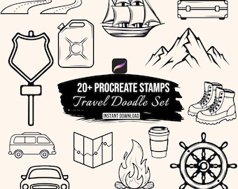 Travel Doodle Procreate Stamps, 20+ Adventure Line Art Brush Set, Camping Stamp Brushes, Mountain Digital Stamps, Instant Download