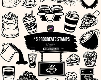Coffee Procreate Stamp Brushes | 45 Cafe Latte Espresso Bean Mug Barista Digital Stamps for iPad
