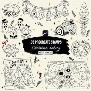 Peut inclure: Une collection numérique de 35 tampons Procreate présentant des illustrations au trait noir et blanc d'articles de boulangerie de Noël, incluant des bonshommes en pain d'épices, une bûche, des biscuits, une couronne et une boîte marquée Merry Christmas.