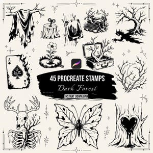 May include: A collection of black and white digital illustrations featuring a deer skull, a butterfly, a tree with a heart, a burning ace of spades, a typewriter, and a tree with a creature. Text reads 45 PROCREATE STAMPS Dark Forest INSTANT DOWNLOAD.