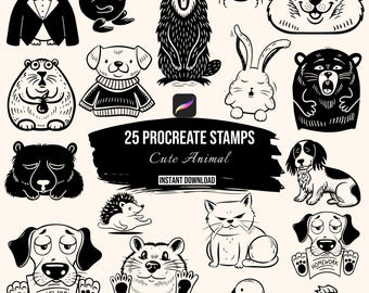 Cute Animal Procreate Stamp Brushes | 25 Funny Pet Cat Dog Bunny Kawaii Digital Stamps